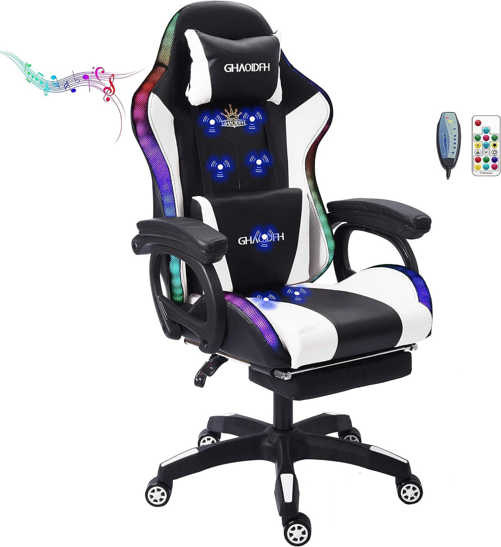 Gaming Chair with Speakers and LED Lights, Ergonomic Professional Gaming Chair with Lumbar Support, Racing Chair for Adult Teen Game.,White