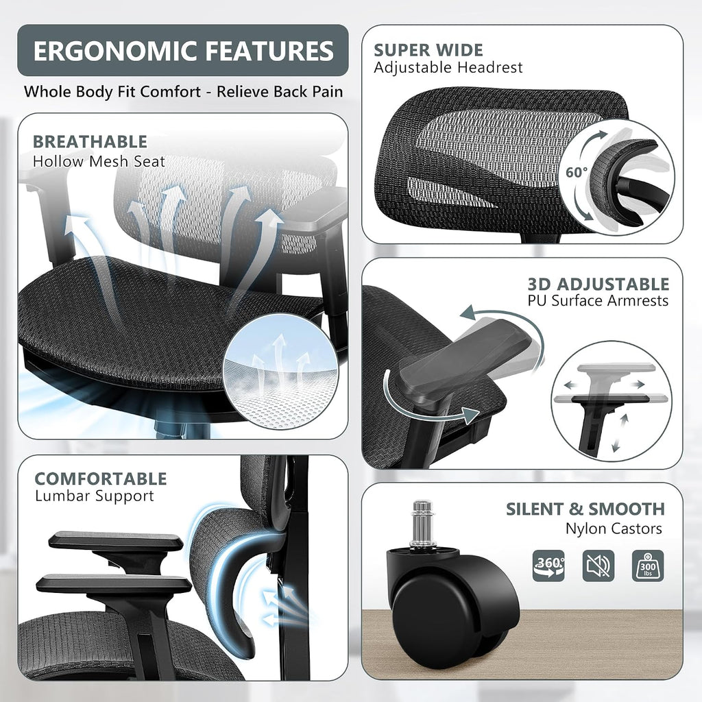 Winrise Office Chair Ergonomic Desk Chair, High Back Gaming Chair, Big and Tall Reclining Breathable Mesh Chair Comfy Home Office Desk Chair with Lumbar Support