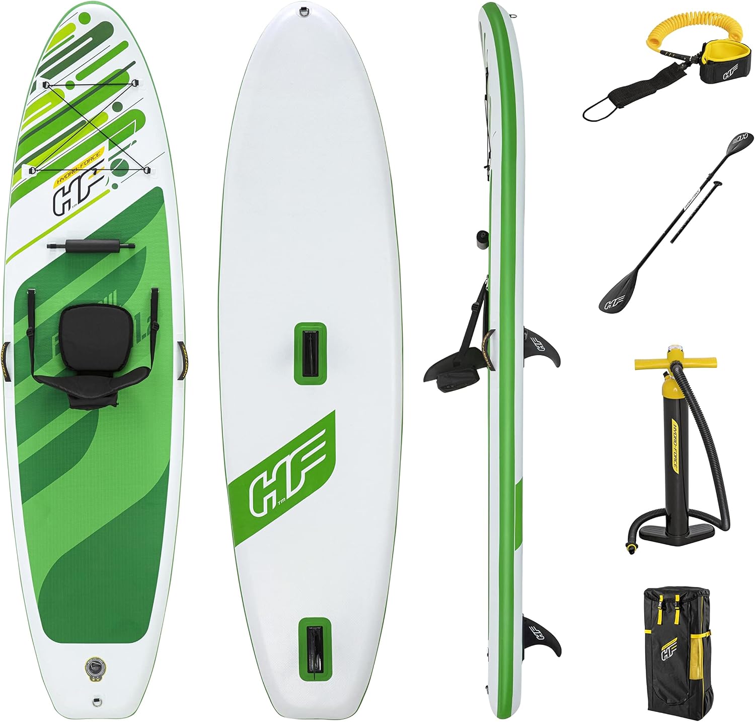 HYDRO FORCE Bestway Freesoul Tech Convertible SUP Set, Inflatable Stand Up Paddle Board with Seat, Green, 11ft 2'