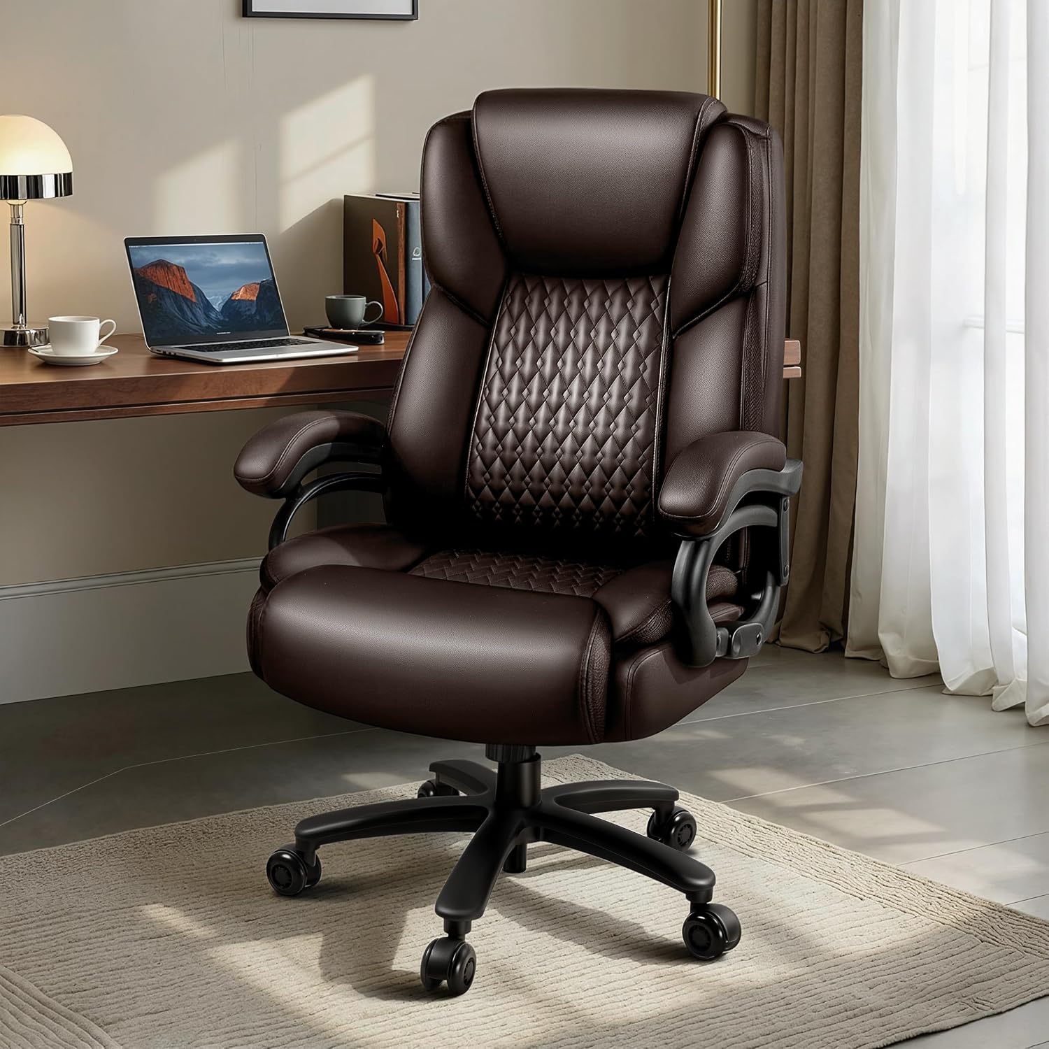 X-Large Office Chair 500 Lbs Capacity, Ergonomic PU Leather Executive Chair with Lumbar Support & Quiet Rubber Wheels, Comfy Heavy Duty Desk Chairs for Heavy People, Brown