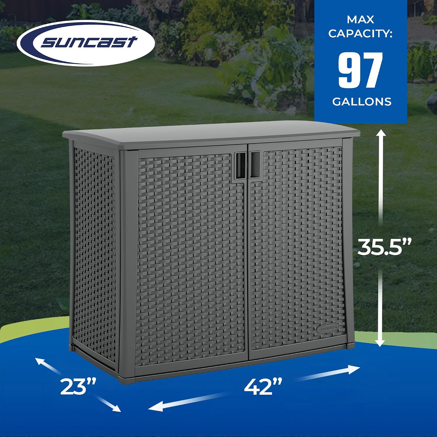 Suncast 42' W x 23' D x 35.5' H Outdoor Storage Cabinet and 33 Gallon Resin Trash Can Bundle, Cool Gray