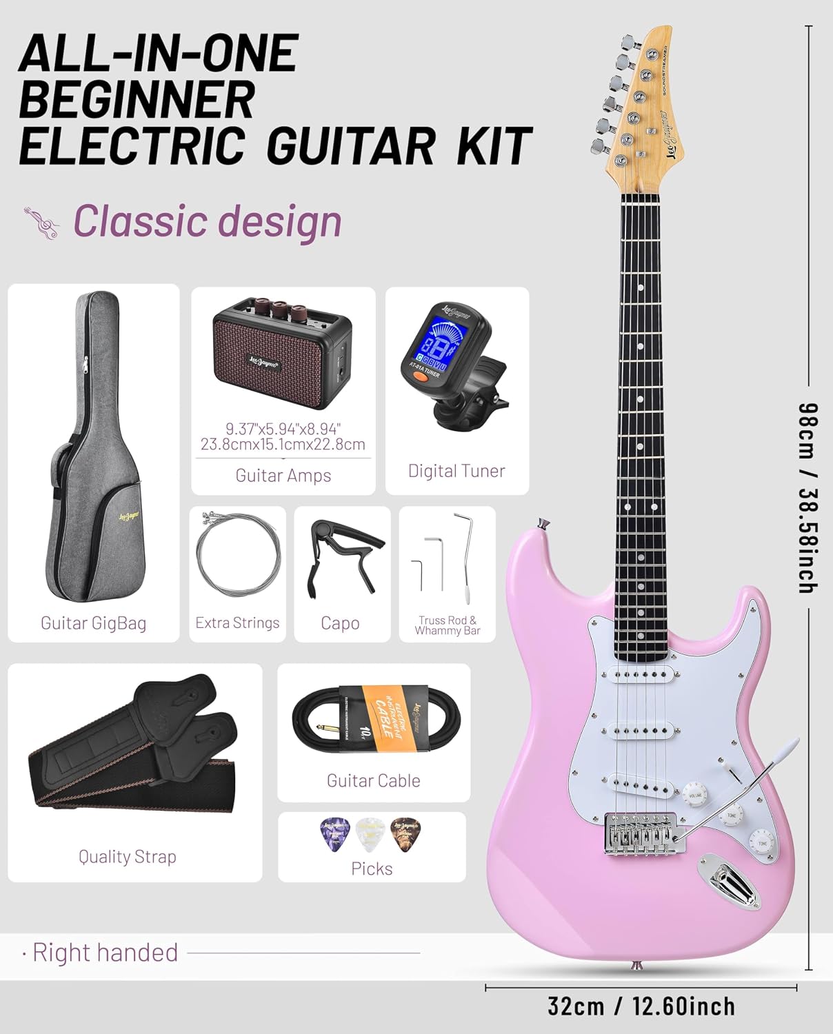 Leo Jaymz Beginner Electric Guitar Complete Kit with Portable Amp, Padded Gig Bag & Full Accessories, Maple Neck SSS Pickups (Pink)