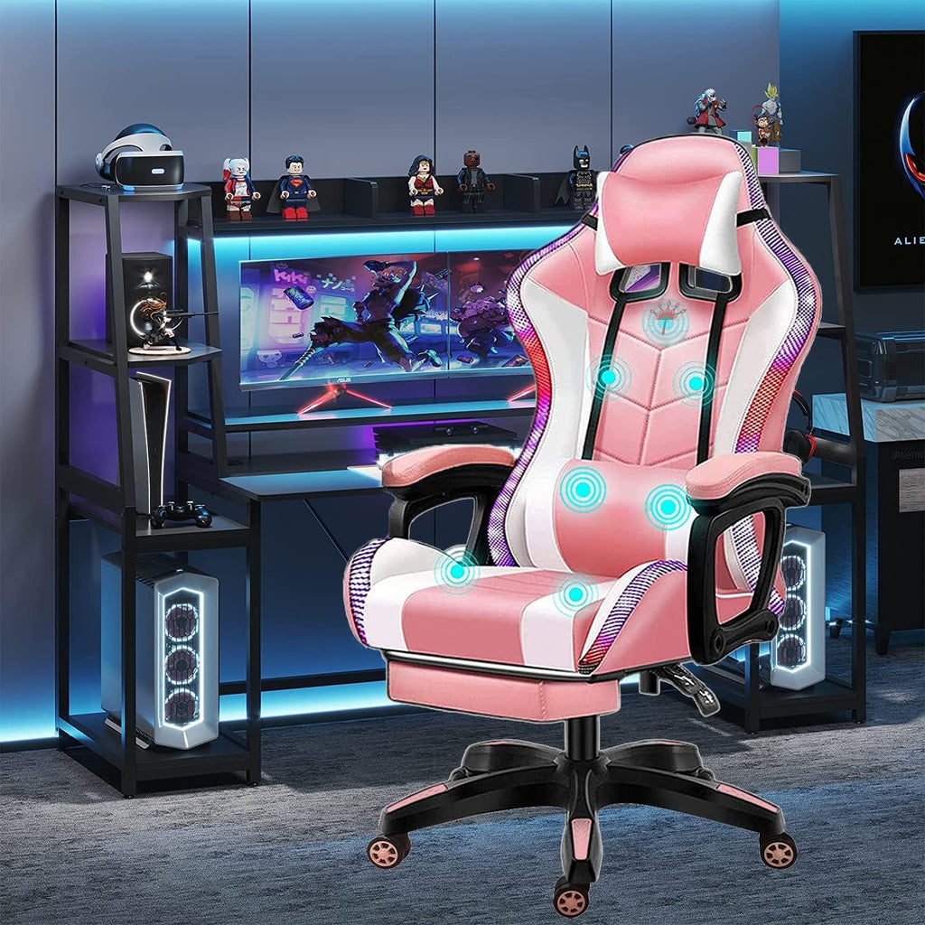 XOOFMASS Gaming Chair with Speakers, Video Game Chair with RGB Light Ergonomic Massage Office Chair, PU Leather Recliner Computer Chair, E-Sports Chair with Headrest Armrest Lumbar Support,Pink