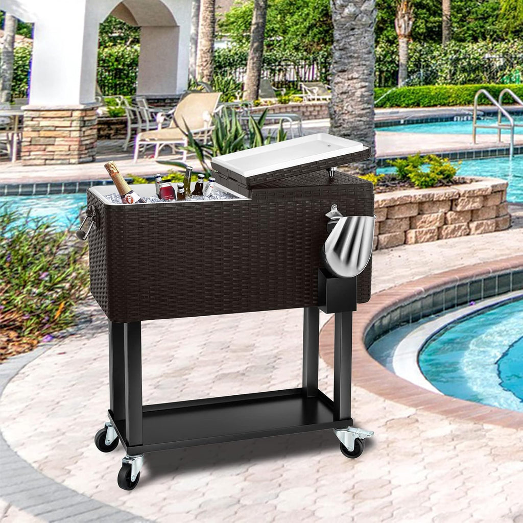 80 Quart Rolling Ice Chest Cooler Cart,Patio Backyard Party Drink Beverage Bar Stand Up Cooler Trolley with Ice Scoop