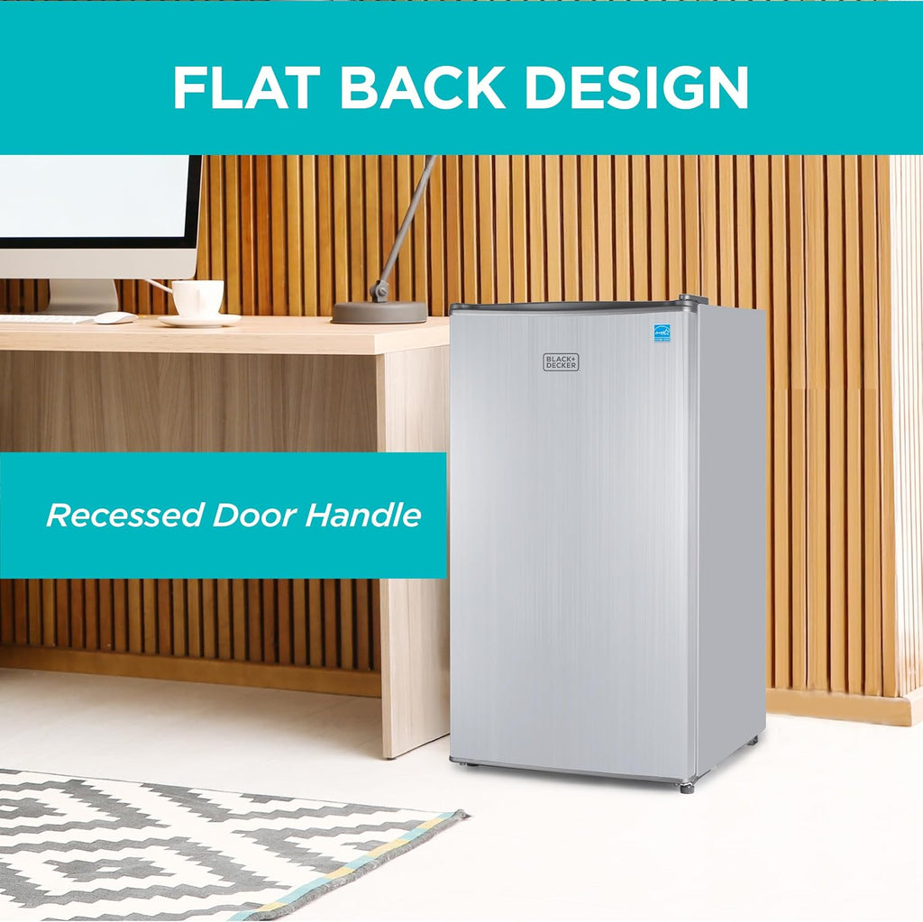 BLACK+DECKER 3.2 Cu. Ft. Compact Refrigerator, ENERGY STAR Small Refrigerator, Single Door Mini Fridge with Chiller Compartment, Personal Fridge for Home or Dorm Room, BCRK32V, Stainless Look
