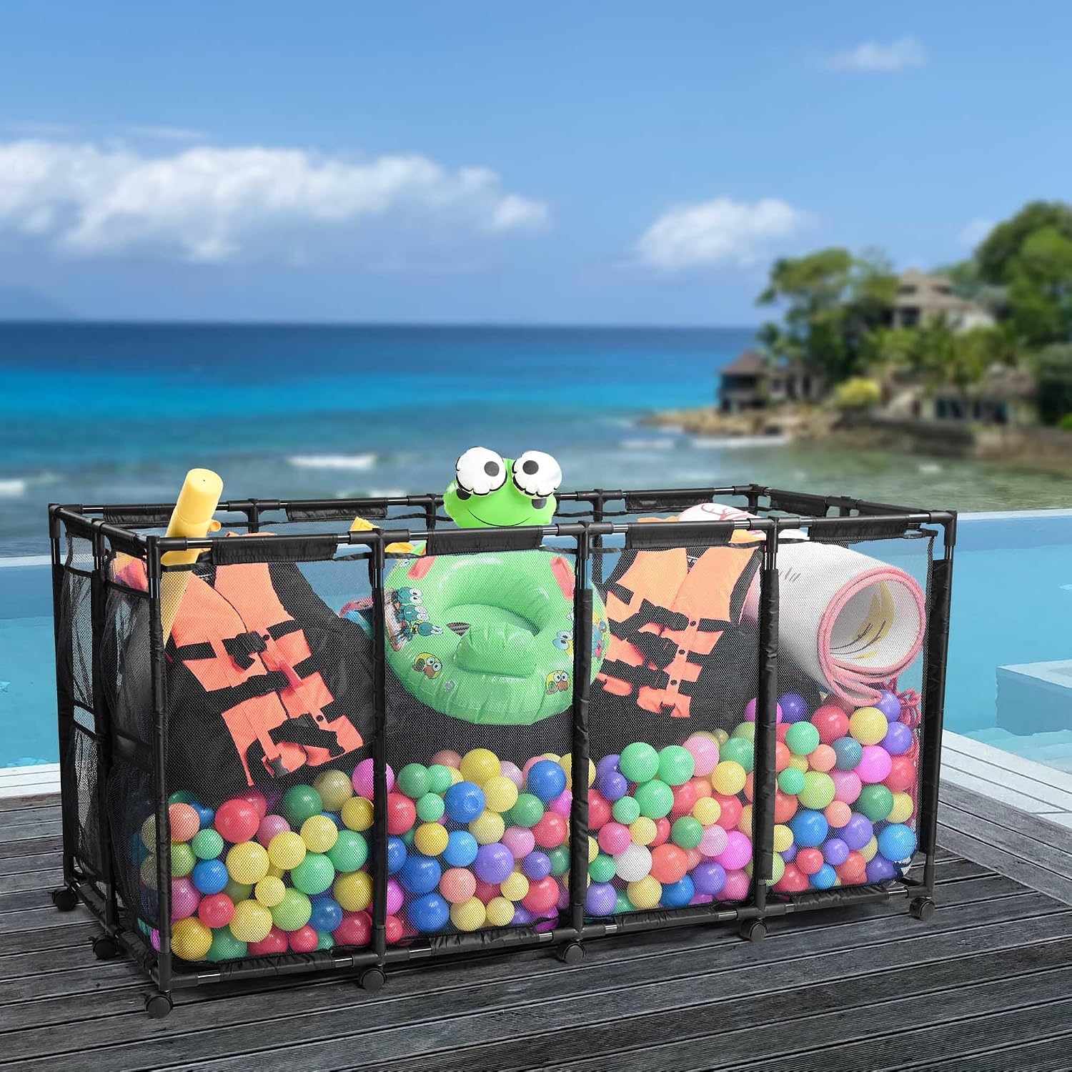 Yescom 280 Gallon Pool Float Storage Bin Basket with Blue Mesh Cover Replacement Net for Toy Raft Noodles Outdoor 65'x 30'x 33' Metal Frame 12 Wheels Rolling Organizer Cart