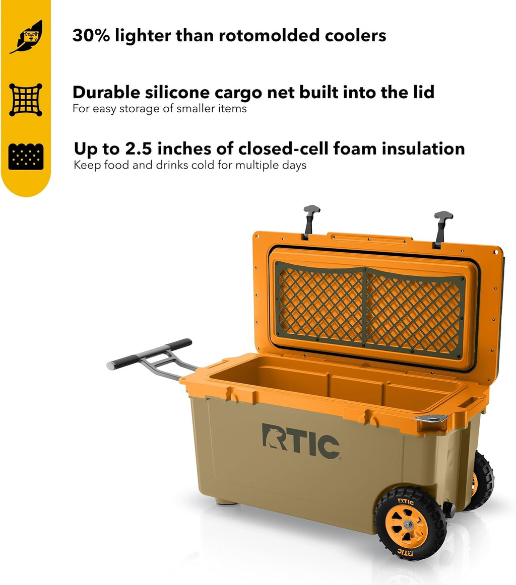 RTIC 72 Quart Ultra-Light Wheeled Cooler Hard Insulated Portable Ice Chest Box for Beach, Drink, Beverage, Camping, Picnic, Fishing, Boat, Barbecue, 30% Lighter Than Rotomolded Coolers