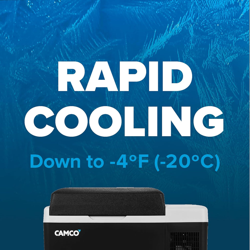 Camco CAM-200 20-Liter Portable Compact Fridge/Freezer | Features Bluetooth Capable Remote Access & 1 Compartment w/Single Zone Cooling | Adjusts from -4° F to 68° w/2 Cooling Modes ECO & MAX (51510)