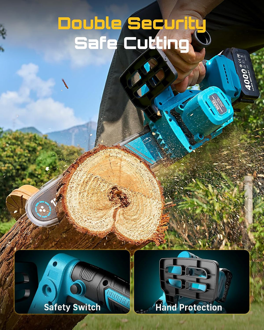 SEESII Electric Chainsaw Cordless 12-inch, Handheld Chain Saws with 2 x 4.0Ah Battery, Tree Saw with Tool-free Chain Tension, Auto Oiling for Wood Cutting Trimming Branch