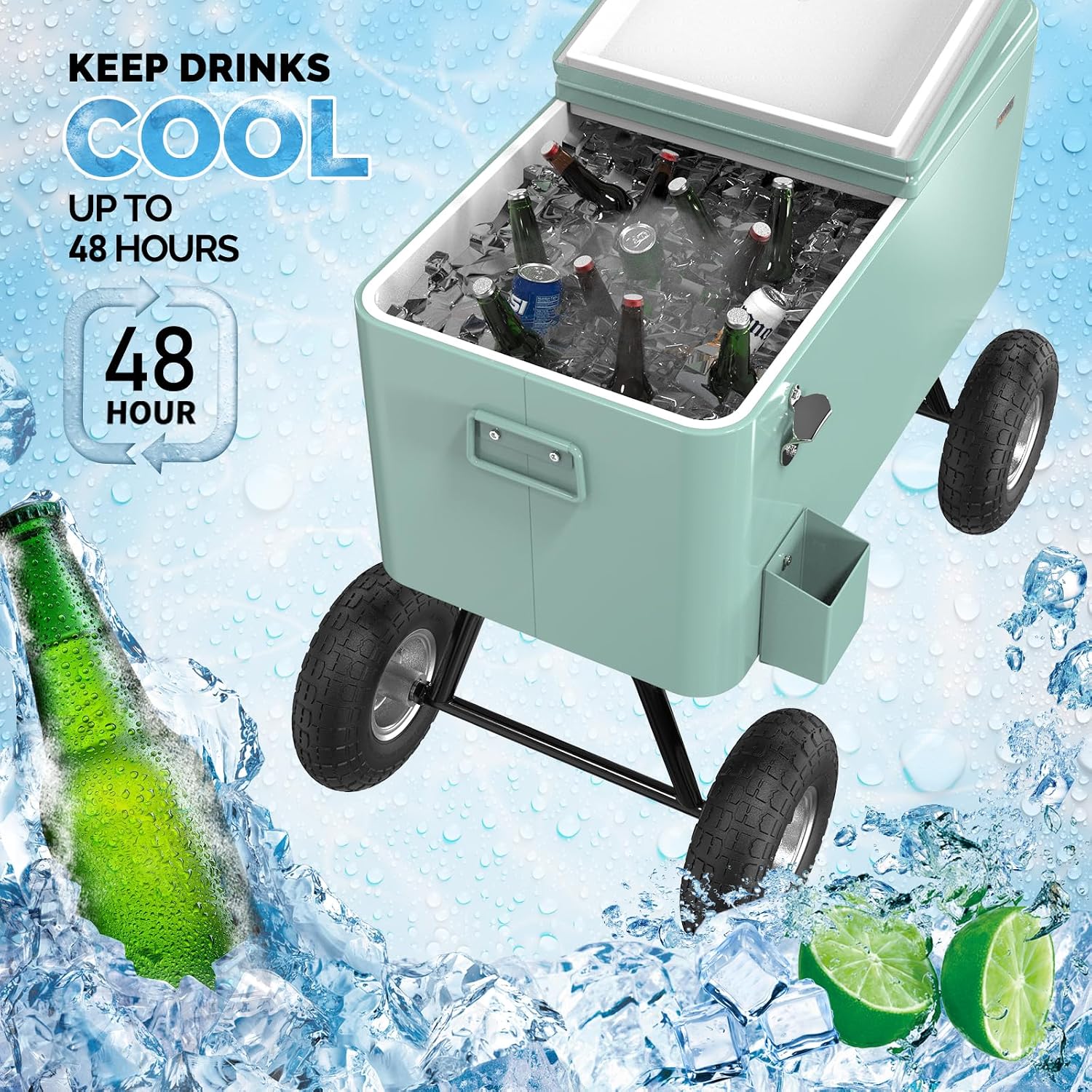 VINGLI 80 Quart Wagon Rolling Cooler Ice Chest, w/Long Handle and 10' Wheels, Portable Beach Patio Party Bar Cold Drink Beverage, Outdoor Park Cart on Wheels