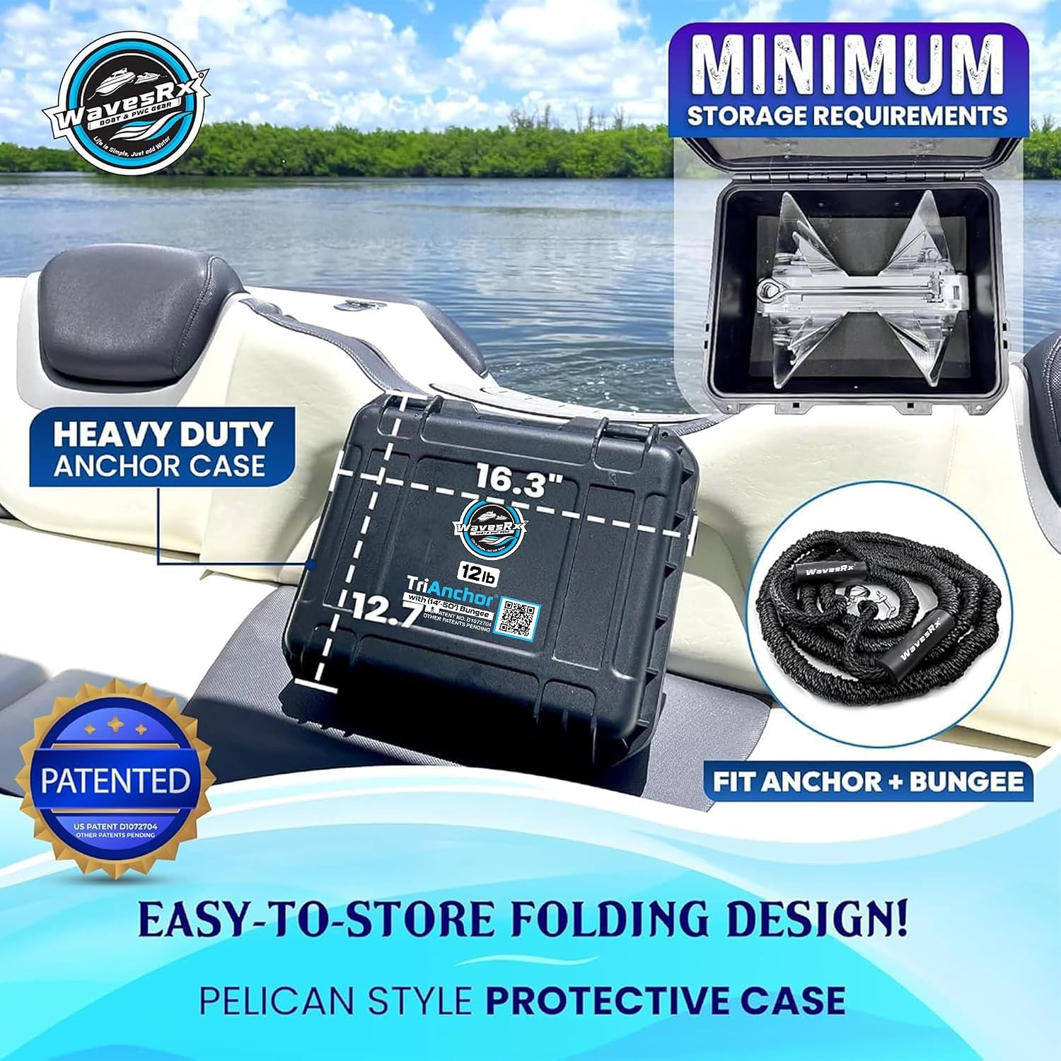 WAVESRX TriAnchor - Stainless Steel Folding PWC & Boat Anchor | Sets Instantly for Effortless Boat & Jet Ski Anchoring | Compact Patent-Pending Design Grips Better Than Plow, Fluke or Box Anchor