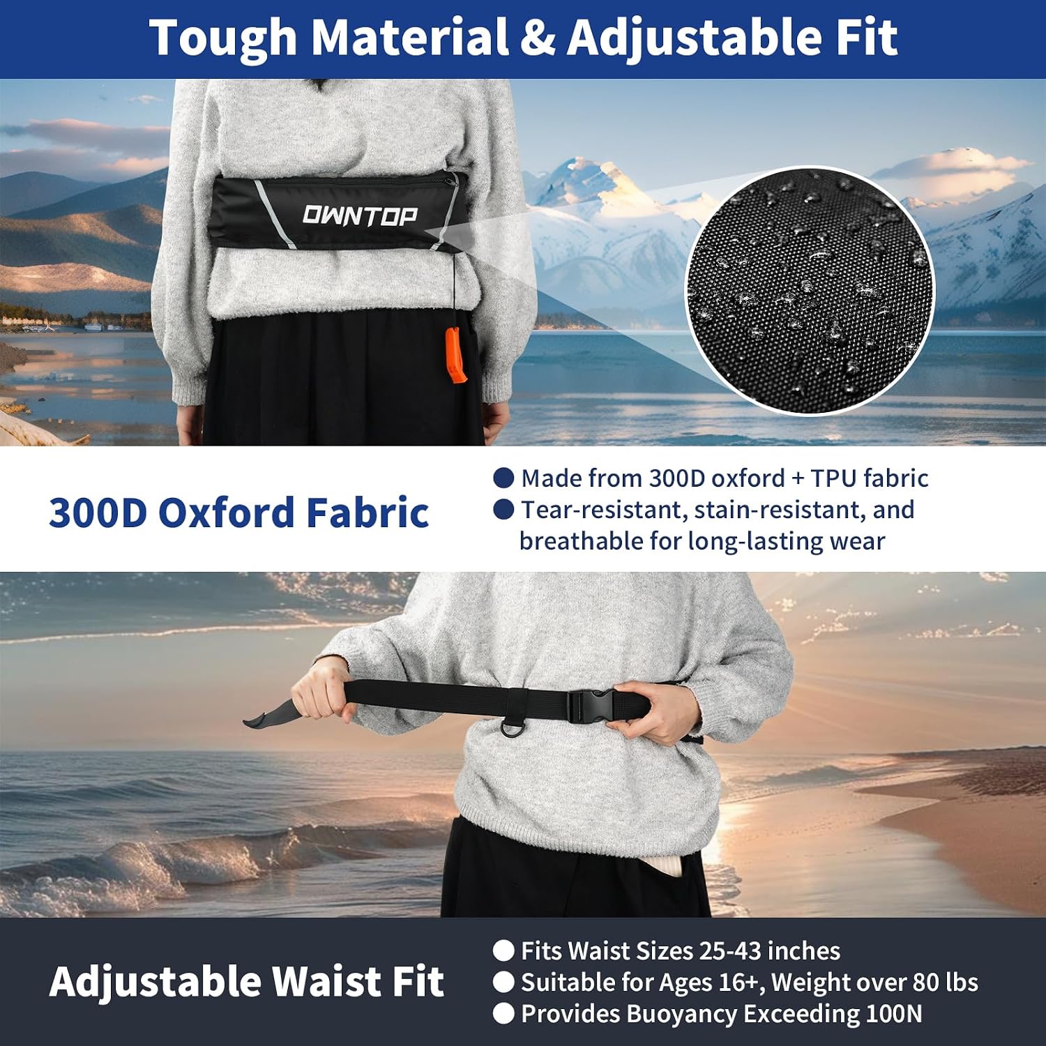 Owntop Manual Inflatable Belt Pack, Adults Swim Jacket with Blowpipe & Whistle, 24g CO2 Cylinder Included, Low Profile for Kayaking, Fishing, Paddle Sports