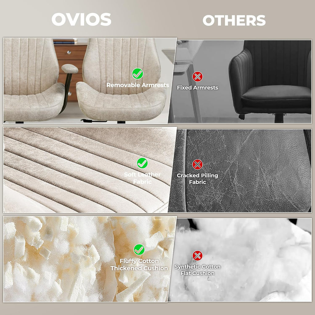 ovios Ergonomic Office Chair, High Back Faux Leather Executive Chairs with Armrests, Comfy Mid-Century Modern Swivel Rolling Computer Armchair (Beige, Suede Leather)