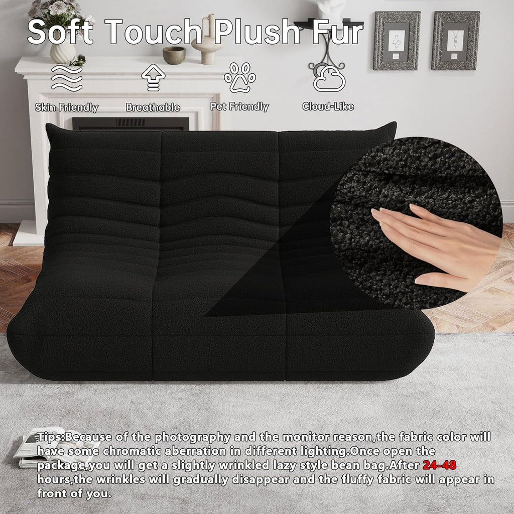 WHGBJA Bean Bag Chairs for Adults, BeanBag Reading Chair Memory Foam Couch 3-Seater, Floor Chair Soft Teddy Material, Comfy Reading Nook Chairs for Bedroom Living Room Office (Black)