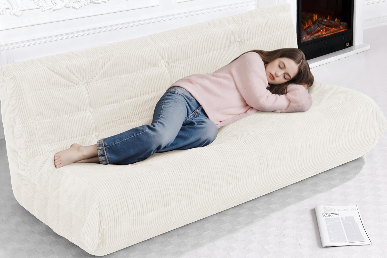 Bean Bag Chair,Giant Beanbag Chairs for Adults,Comfy Large Fireside Chair Lazy Sofa,Corduroy Bean Bag Lounger with Memory Foam Filled,Floor Sofa Couch for Home,Living Room (Beige, 3-Seater)