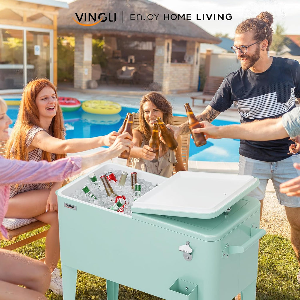 VINGLI Rolling Ice Chest, Portable Patio Party Bar Drink Cooler Cart, with Shelf, Beverage Pool with Bottle Opener