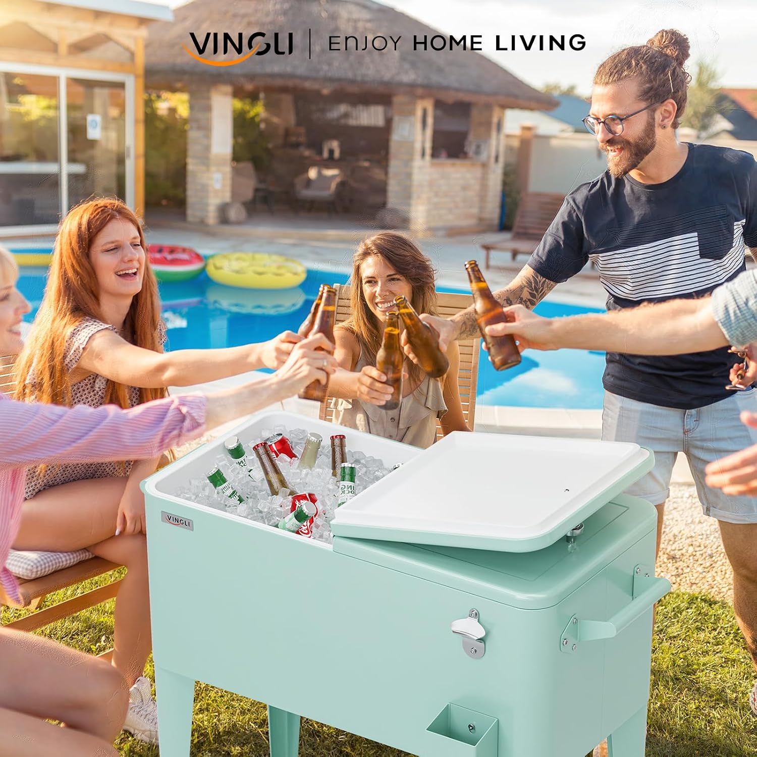 VINGLI Rolling Ice Chest, Portable Patio Party Bar Drink Cooler Cart, with Shelf, Beverage Pool with Bottle Opener