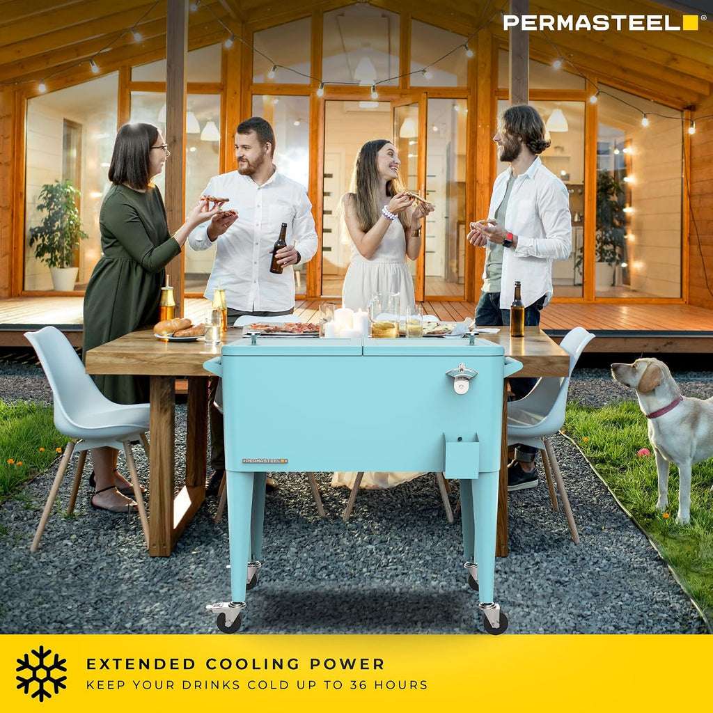 Permasteel 80-Qt Large Outdoor Patio Cooler with Wheels & Handles, Portable Rolling Hard Cooler for Outside, Retro Ice Cooler Cart, Beverage Can Coolers for Backyard Parties