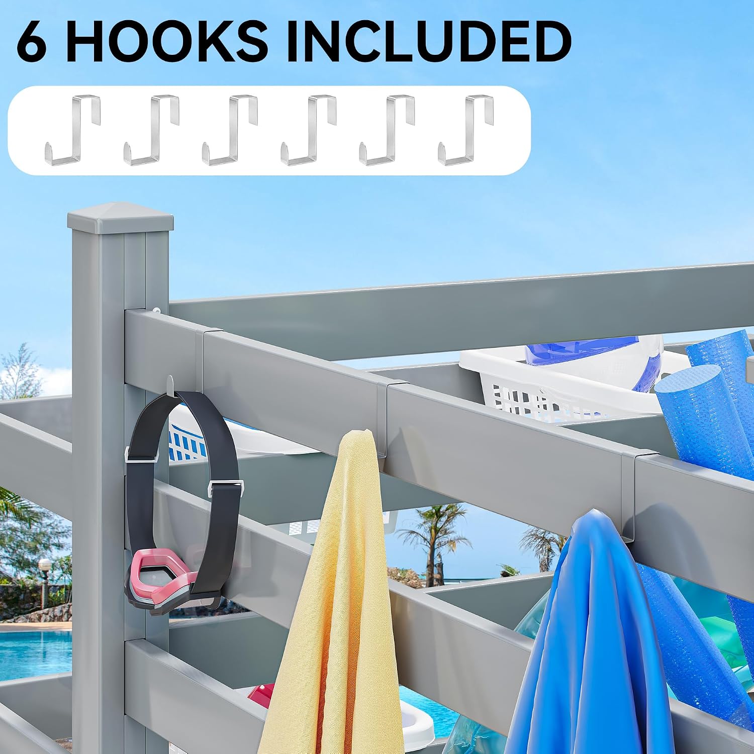 YITAHOME 64' W x 47' L x 39' H Poolside Deckbox Storage Organizer with 6 Movable Hooks, Outdoor Waterproof Pool Storage Bins (Light Gray)
