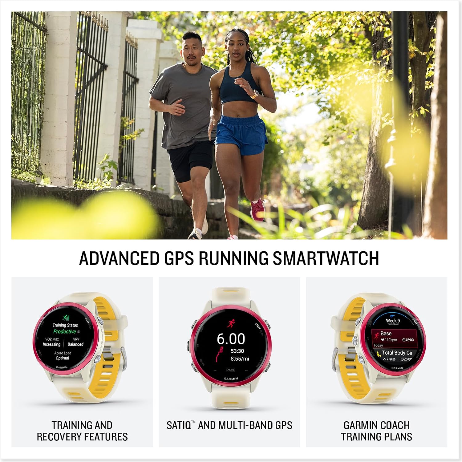 Garmin Forerunner 570 Running Smartwatch, 42MM WiFi, GPS Fitness Smart Watch for Men and Women, Raspberry Aluminum with Translucent Bone/Mango Band + Access 600 Fitness Monitor, M-XL + More
