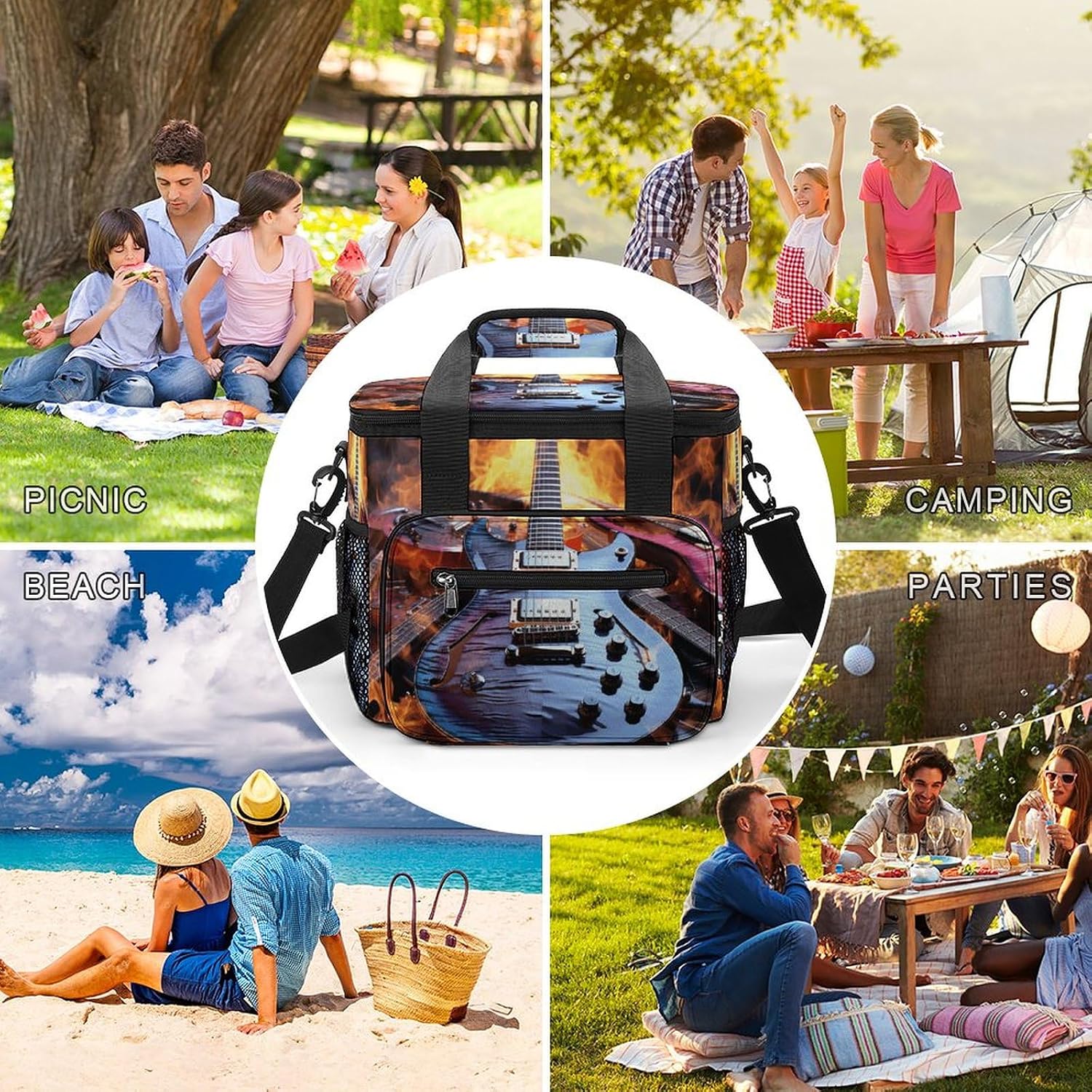 Insulated Camping Cooler Bag, Magic Electric Guitar Music Print Ice Pack with Leakproof Lining 22.5L Capacity Portable Thermal Bag for Camping,Picnic