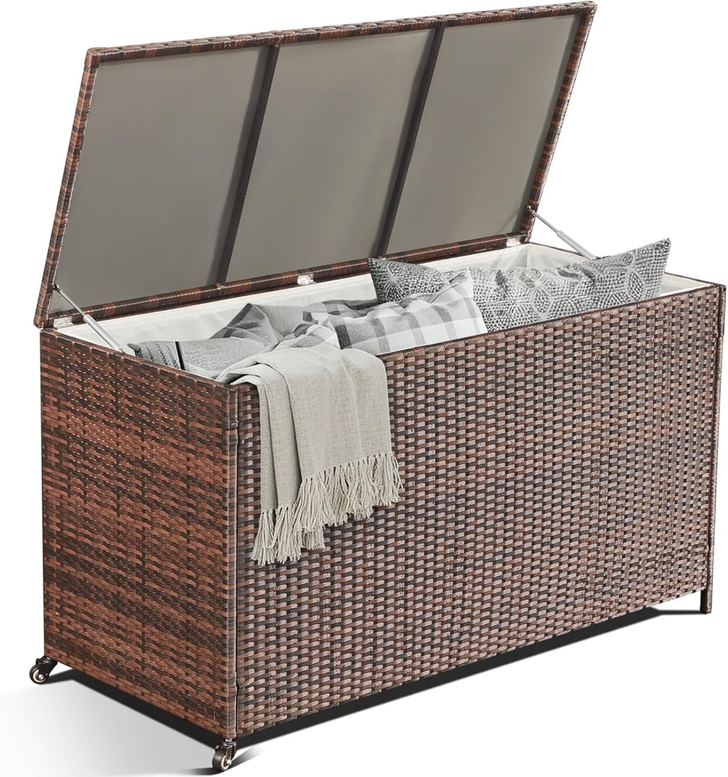AVAWING 180 Gallon Large Deck Box, Outdoor Wicker Storage Container, Patio Rattan Furniture for Garden Tools, Pillows, Pool, Brown