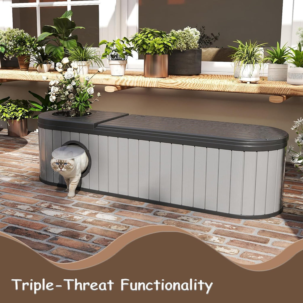 72 Gallon Storage Bench Deck Box Resin Patio Furniture with Armrest, Waterproof and UV Resistant Lockable for Patio Furniture, Garden Decor and Outdoor Seating for Cushions, Garden Tools