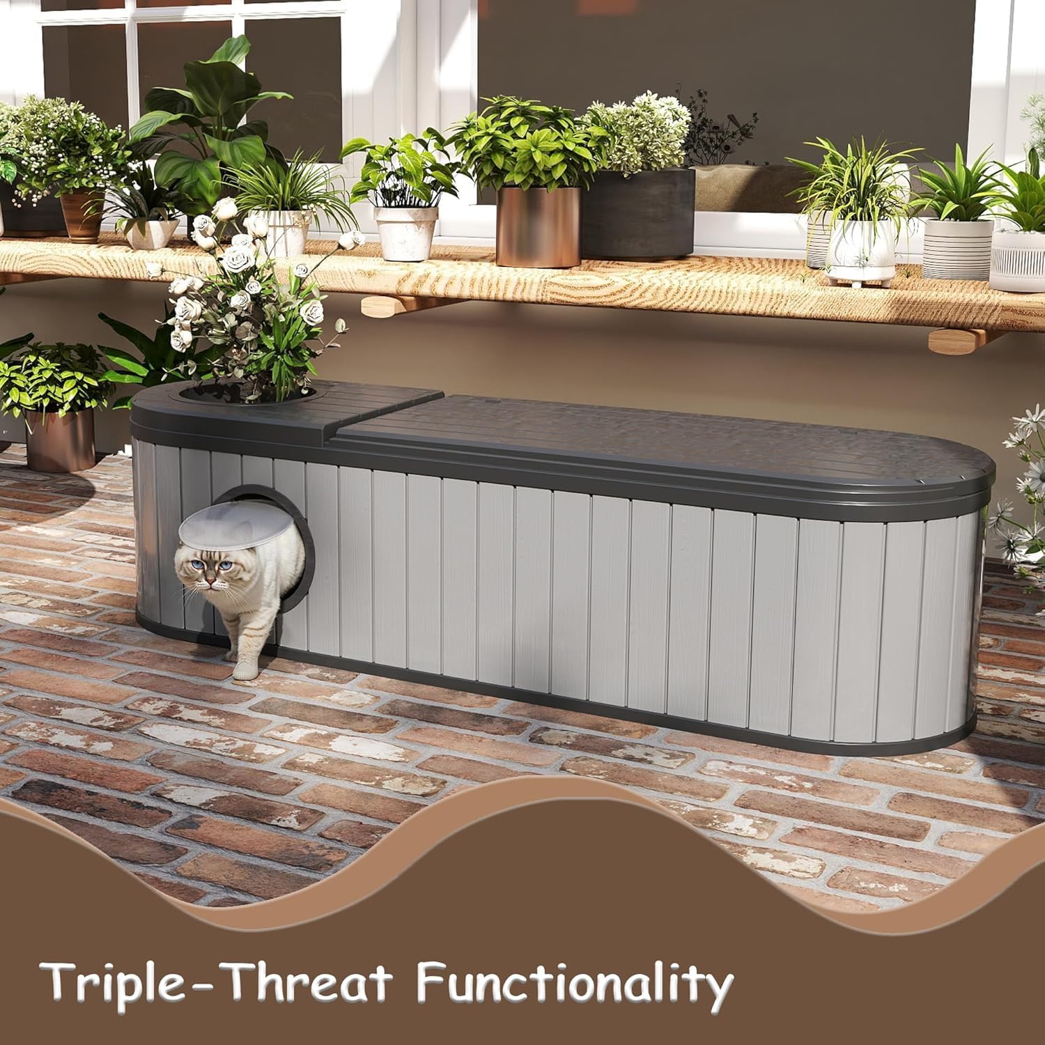 72 Gallon Storage Bench Deck Box Resin Patio Furniture with Armrest, Waterproof and UV Resistant Lockable for Patio Furniture, Garden Decor and Outdoor Seating for Cushions, Garden Tools