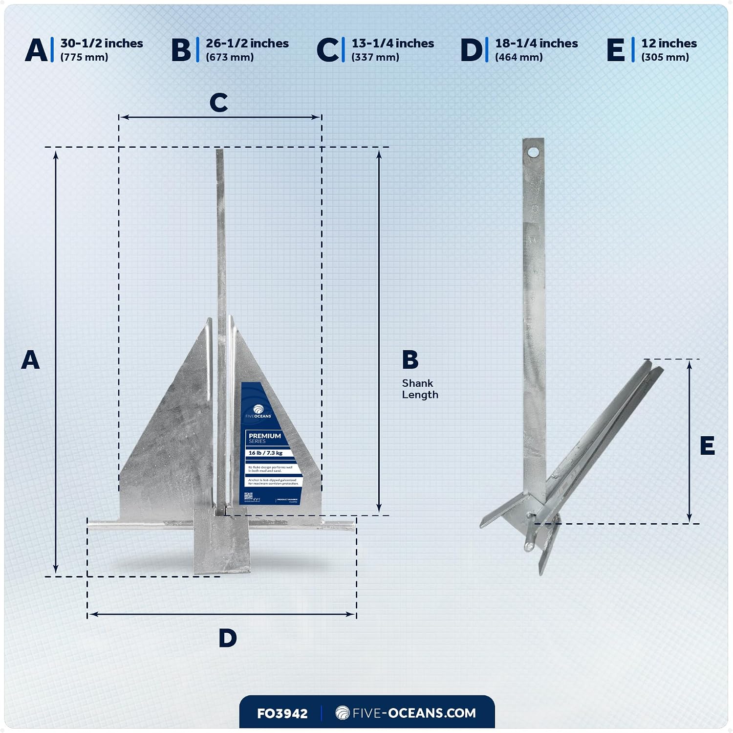 Five Oceans Fluke Boat Anchor, Heavy Duty Hot Dipped Galvanized Steel, Multiple Sizes – Ideal for Pontoon, Dinghies, Boats