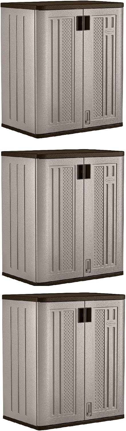 Suncast 3 Pack 9 Cu. Ft. Base Storage Cabinet, Resin Garage Organizer, Platinum Metallic/Slate