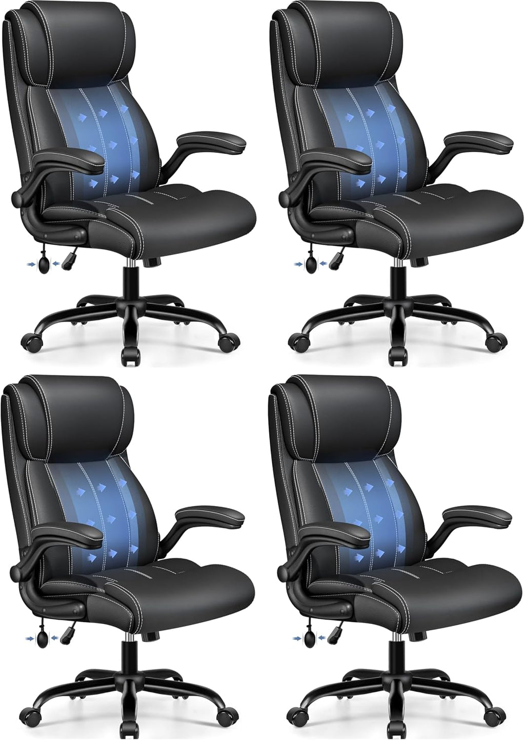 BESTFAIR Ergonomic Office Chair - Desk Computer Chair, Leather High Back Executive Chairs with Adjustable Lumbar Support & Flip Up Arms, Black 4 Pack