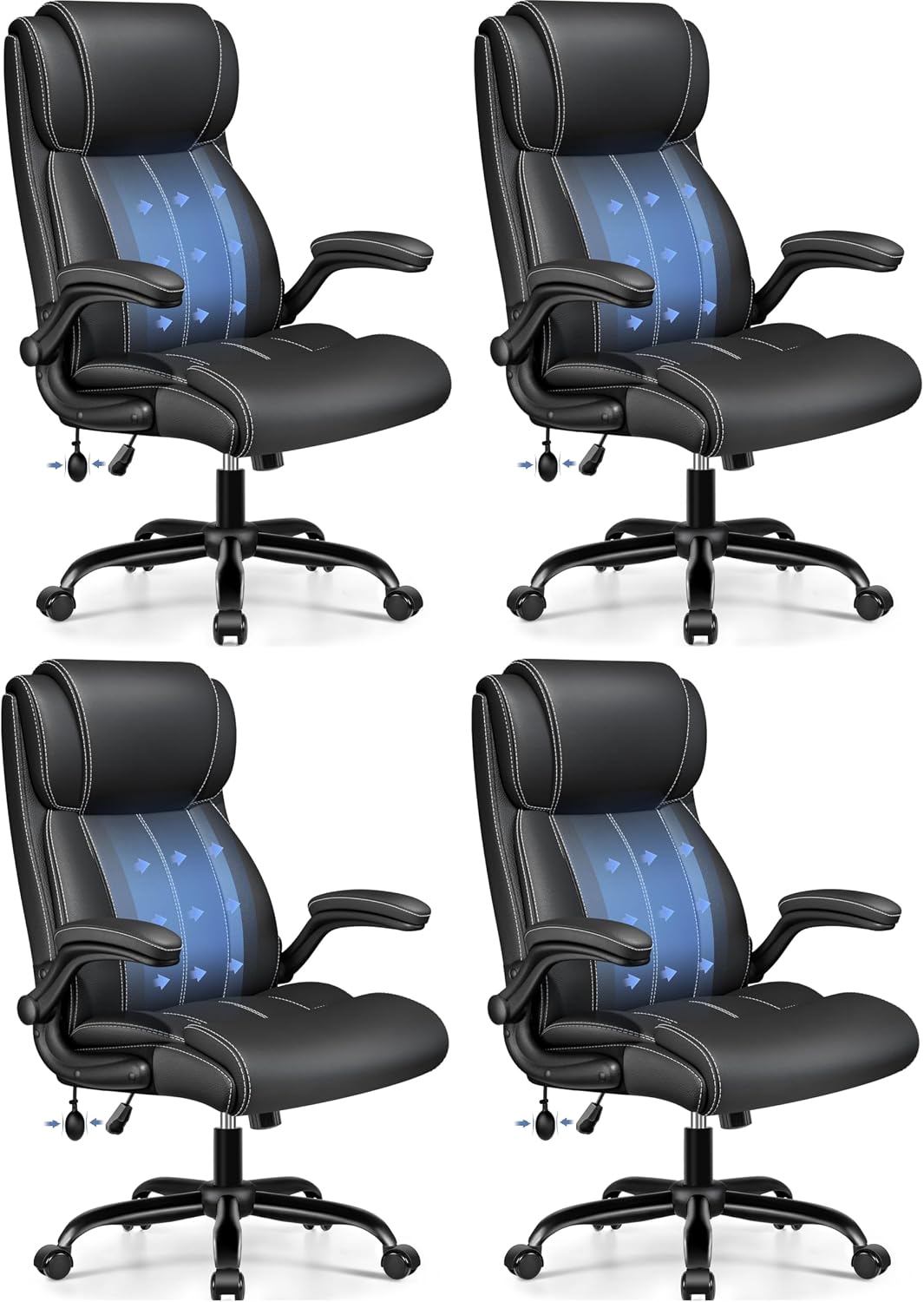 BESTFAIR Ergonomic Office Chair - Desk Computer Chair, Leather High Back Executive Chairs with Adjustable Lumbar Support & Flip Up Arms, Black 4 Pack