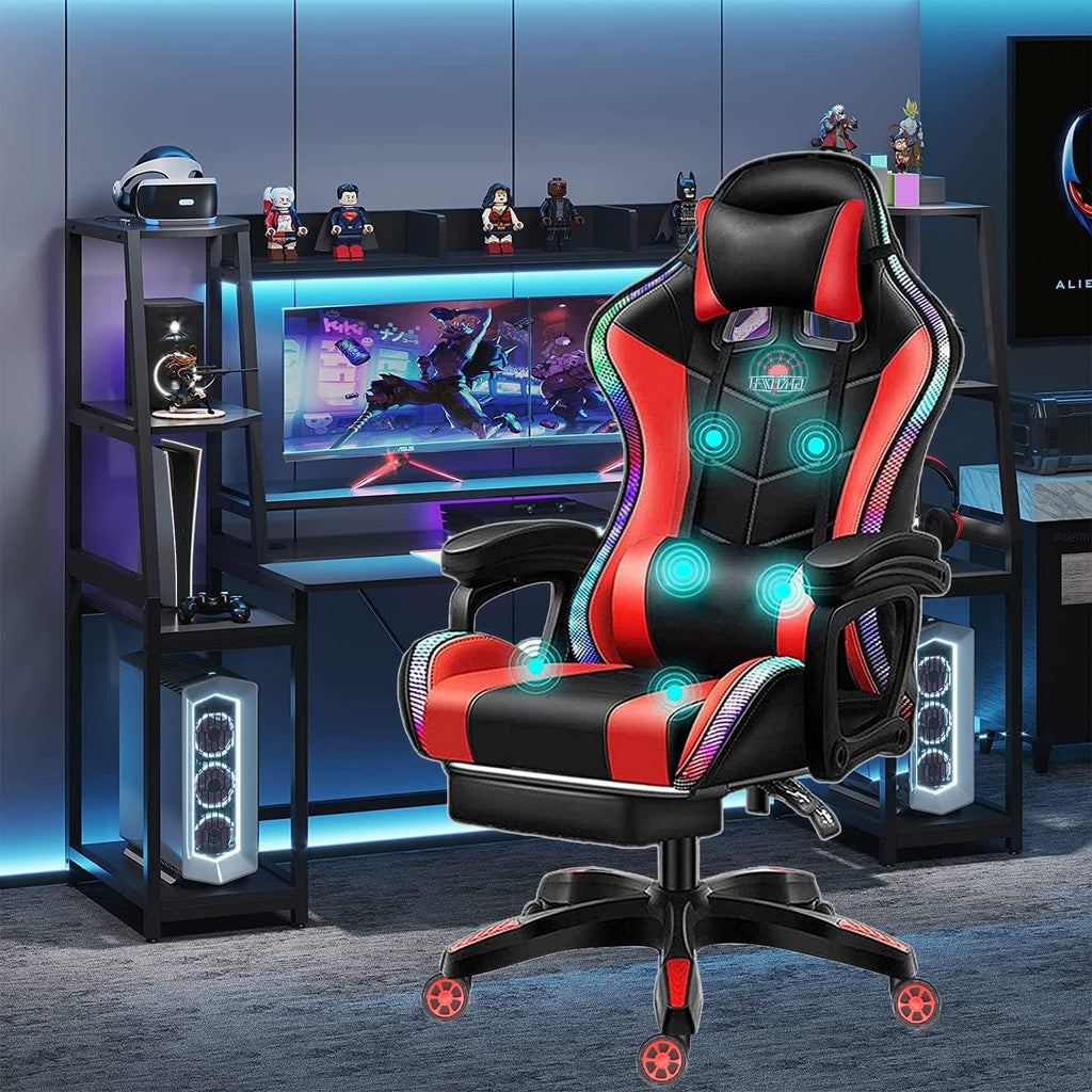 XOOFMASS Gaming Chair with Speakers, Video Game Chair with RGB Light Ergonomic Massage Office Chair, PU Leather Recliner Computer Chair, E-Sports Chair with Headrest Armrest Lumbar Support,Red