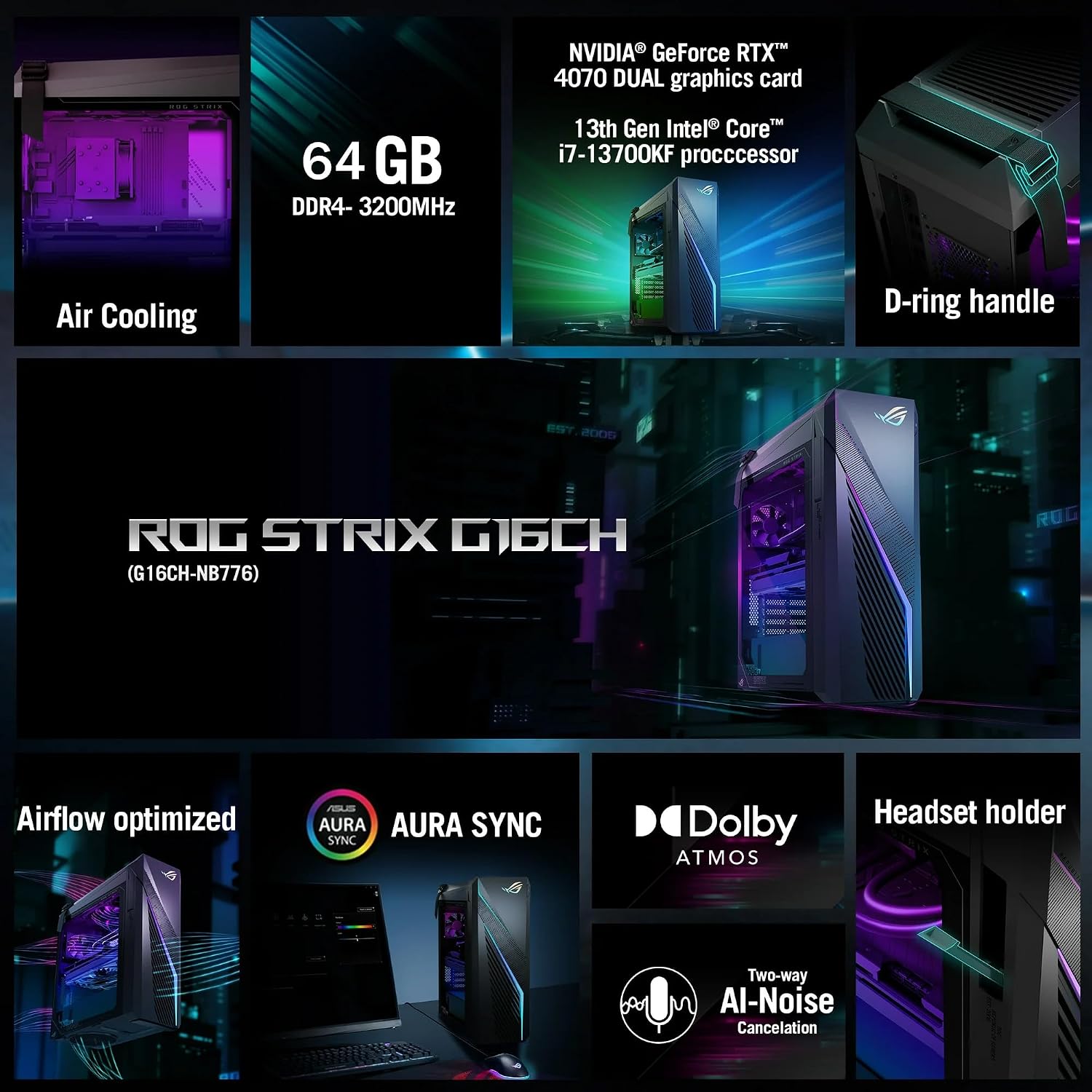 ASUS ROG G16CH Gaming Desktop - Intel i7-13700KF Up to 5.4 GHz(16-Core,24-Thread), NVIDIA GeForce RTX 4070 Dual GPU, Win 11 Pro, MS Office Lifetime, HDMI (64GB RAM, 4TB SSD, 2TB HDD)