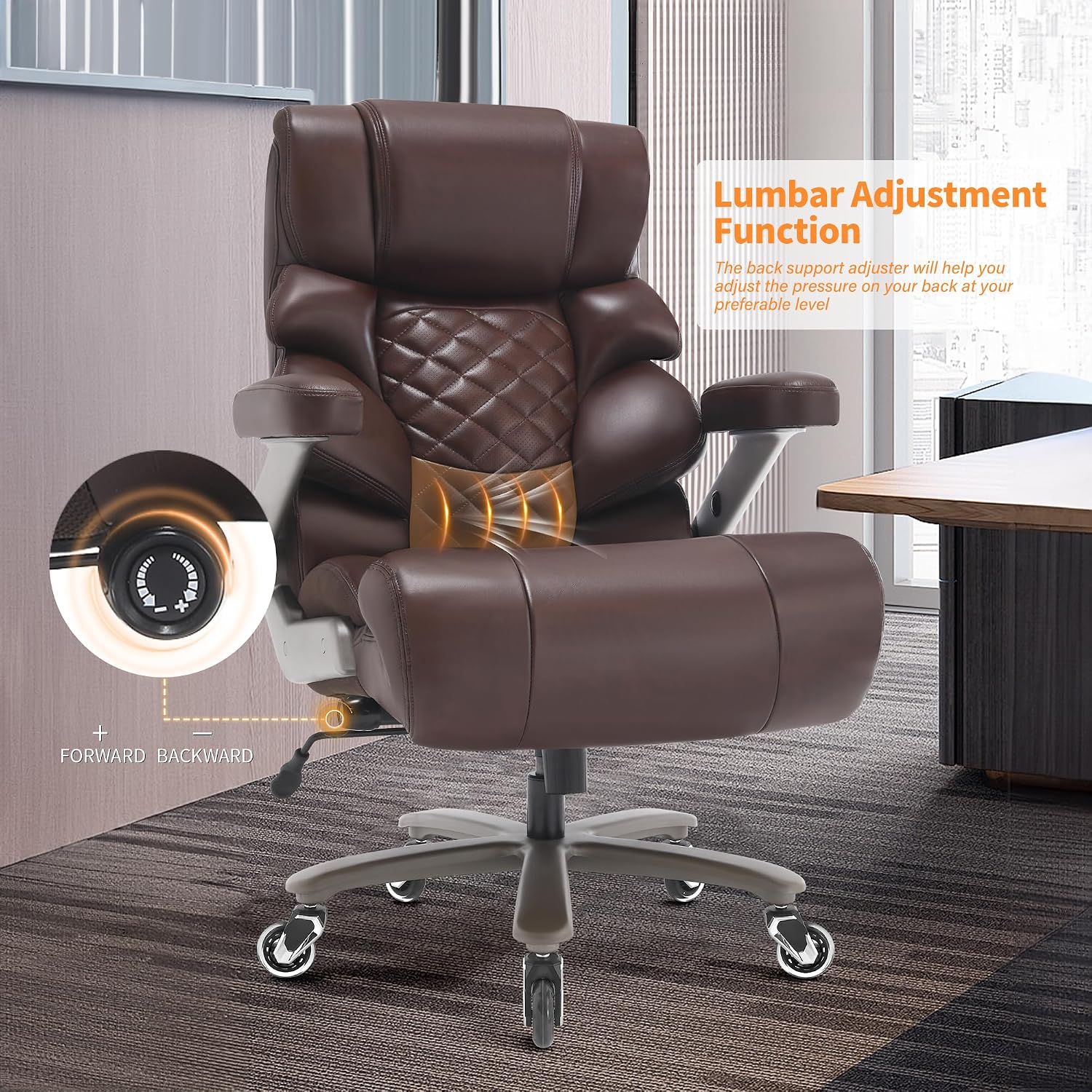 VUZI 700lbs Big and Tall Office Chair-Large Computer Chair with Adjustable Lumbar Support 3D Flip Arms Plus Size Wheels, High Back Executive Desk Chair, Heavy Duty Metal Base, Thick Padded Wide Seat