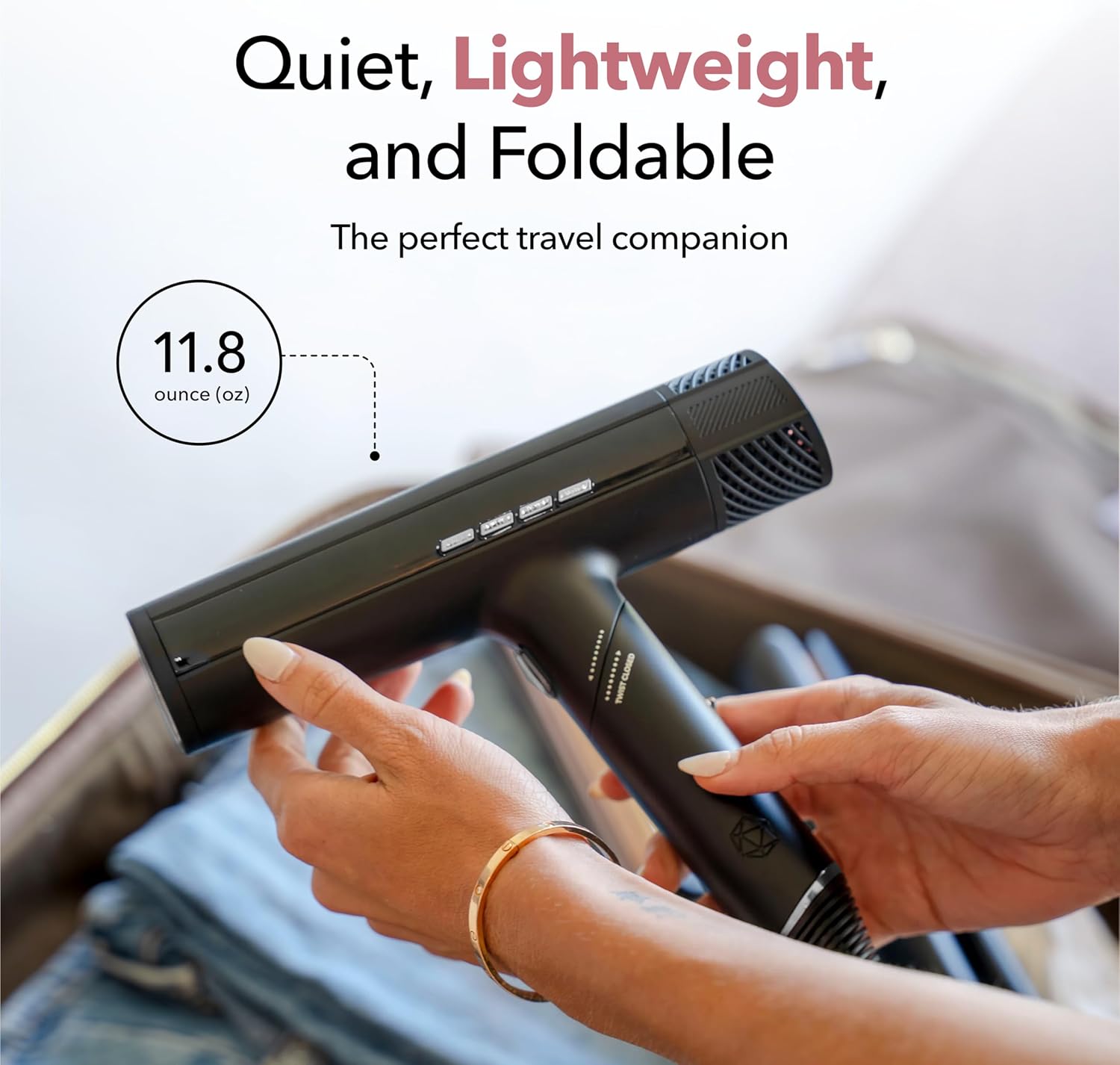 SRILabs DryQ 'Smart' Hair Dryer – Super Lightweight, Foldable – Powerful, Quiet Motor – Infrared & Ionic Technology – 3 Magnetic Attachments – Heat Control with Locking Switch