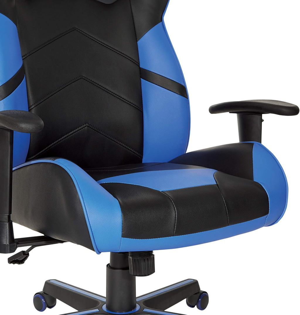 OSP Home Furnishings Vapor Ergonomic Adjustable High Back Faux Leather Gaming Chair with Coil Spring Seat and Integrated Cooling Airflow, Blue Accents
