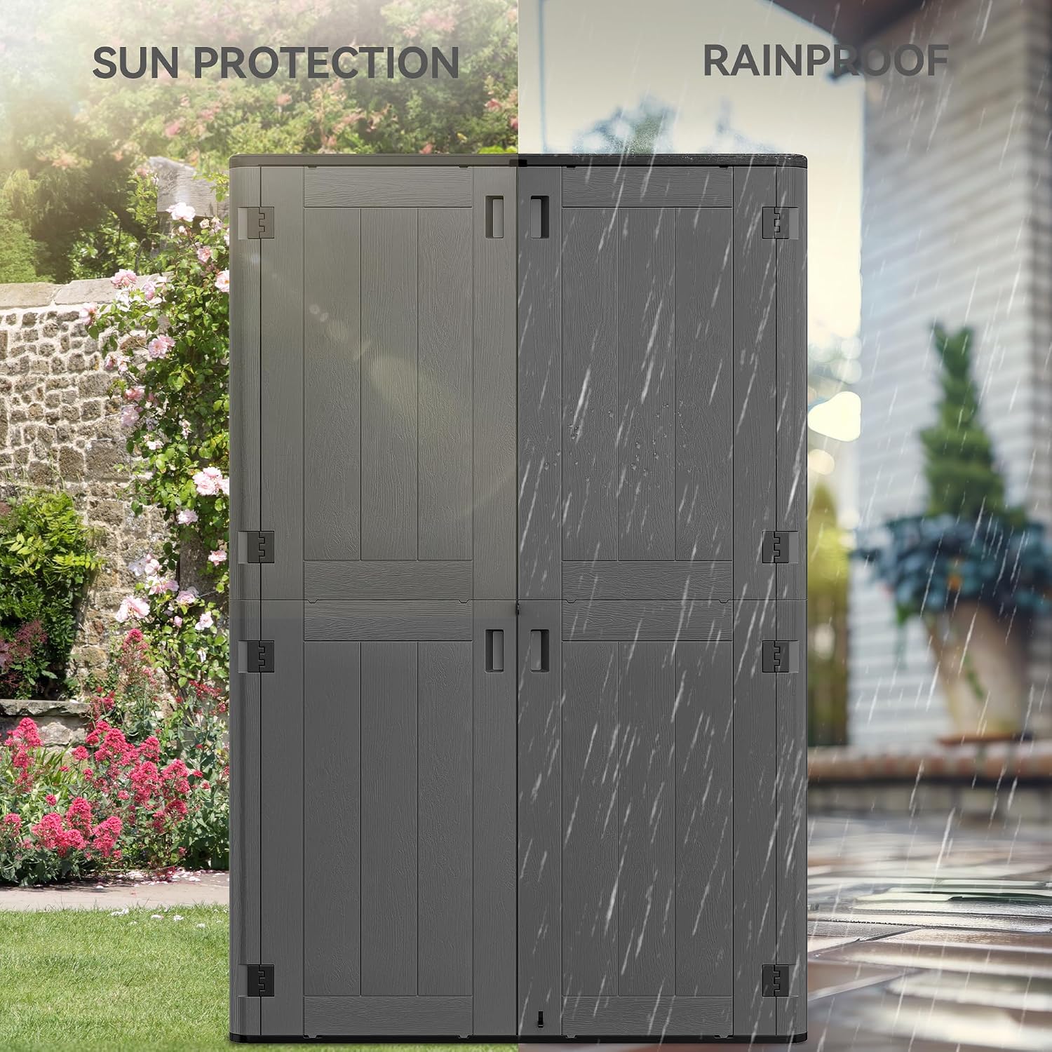 YITAHOME 60 cu ft Tall Outdoor Storage Shed w/o Shelf, Resin Vertical Outdoor Storage Shed, Large Waterproof Storage Cabinet for Garage, Poolside, and Garden (Dark Gray + Black)