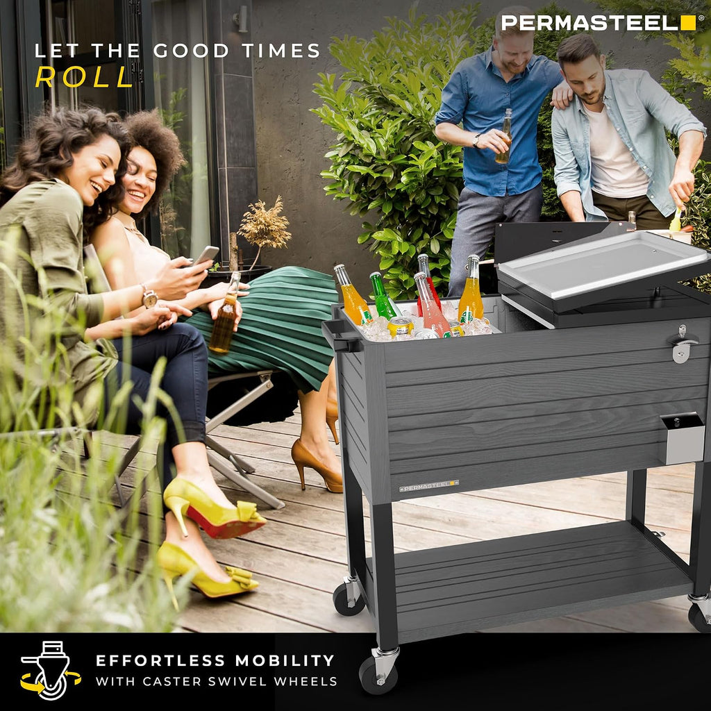 Permasteel 80 Quart Party Cooler, Rolling Ice Chest with Wheels and Handles for Indoor Outdoor Patio