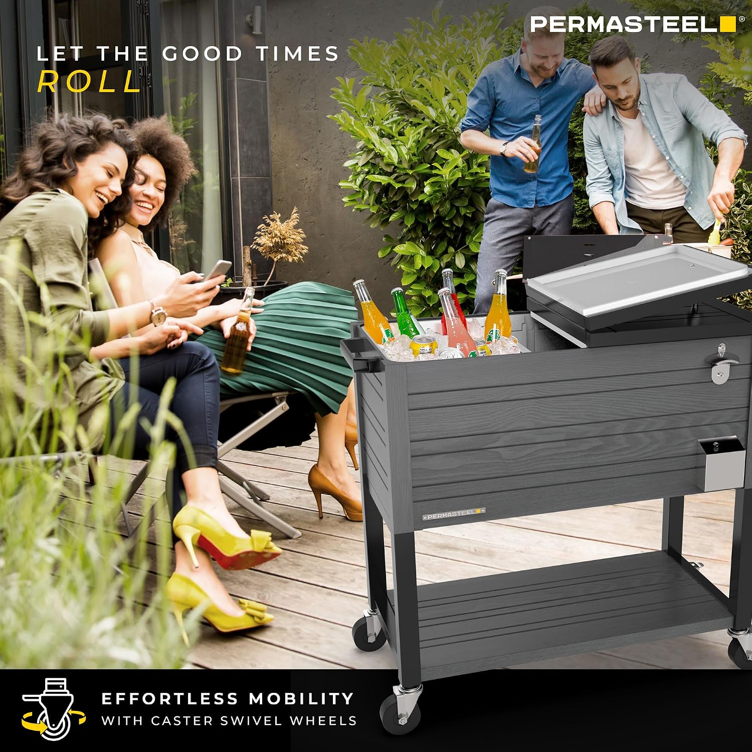 Permasteel 80 Quart Party Cooler, Rolling Ice Chest with Wheels and Handles for Indoor Outdoor Patio
