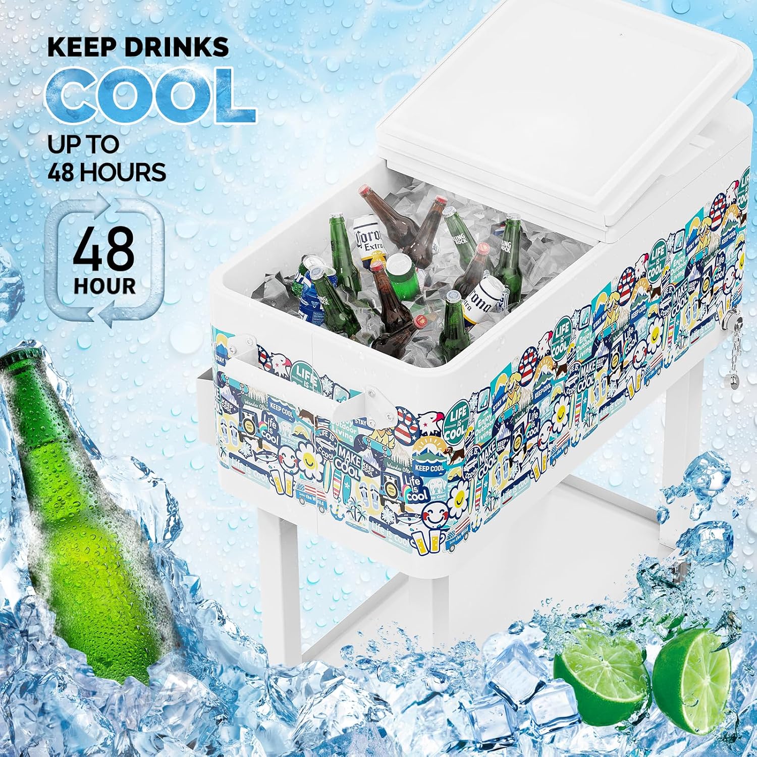 VINGLI Rolling Ice Chest, Portable Patio Party Bar Drink Cooler Cart, with Shelf, Beverage Pool with Bottle Opener