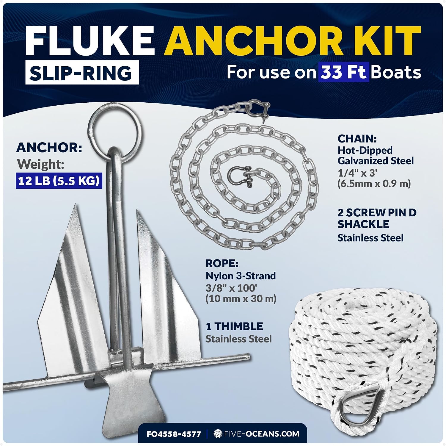 Five Oceans Fluke Boat Anchor, Galvanized Steel, Slip Ring, Heavy-Duty Boat Anchors for Kayak, Dinghy, Paddleboard, Canoe, Personal Watercraft - Multiple Sizes