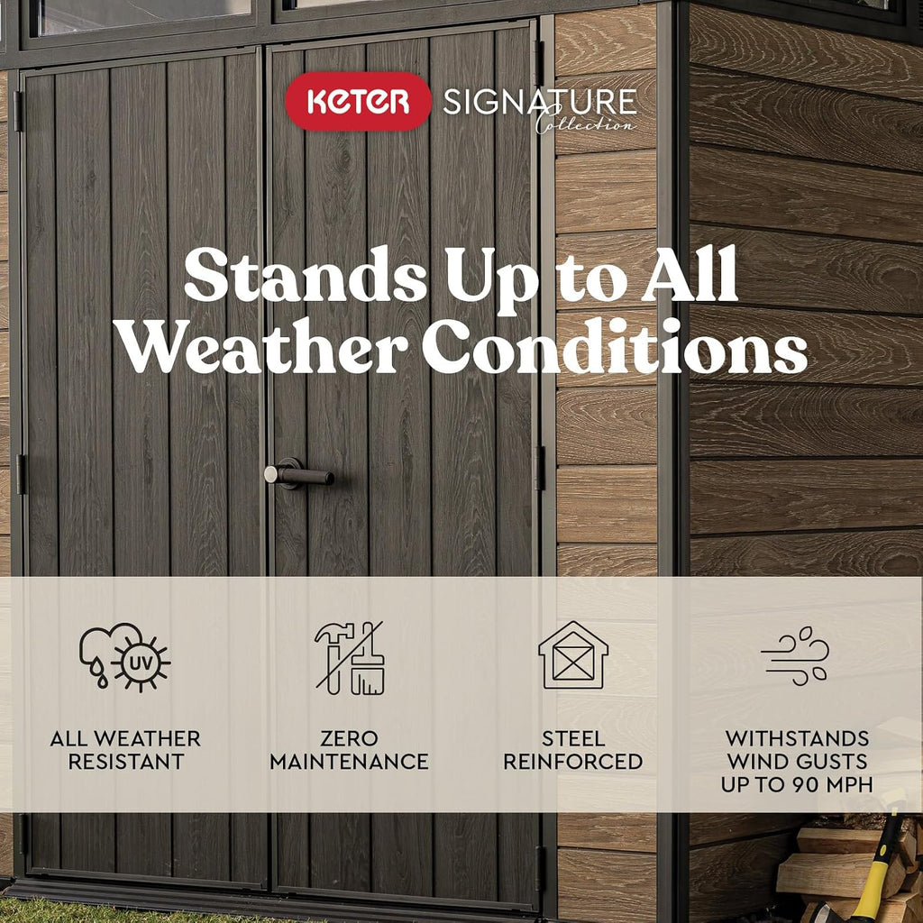 Keter Signature Collection 7x7 Ft All-Weather Storage Shed with Skylight, Window, Built-in Ventilation, & Lockable Double Doors, Walnut