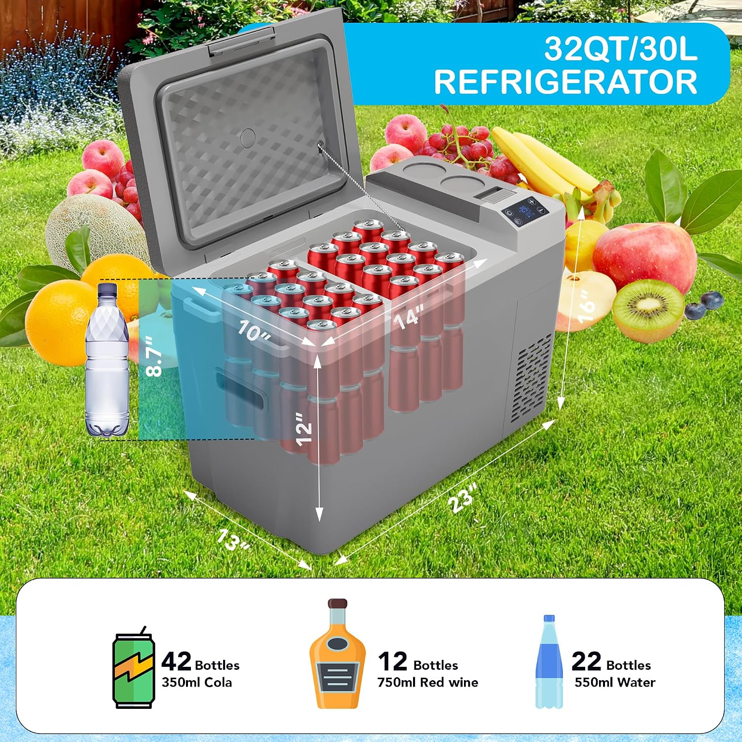 12 Volt Refrigerator 12V Car Fridge 23 Quart Portable Freezer Compressor Cooler, 12/24V DC & 110~240V AC, for Truck Van RV Camper SUV, -8℉~50℉, Ideal for Travel Camping Road Trips Tailgating