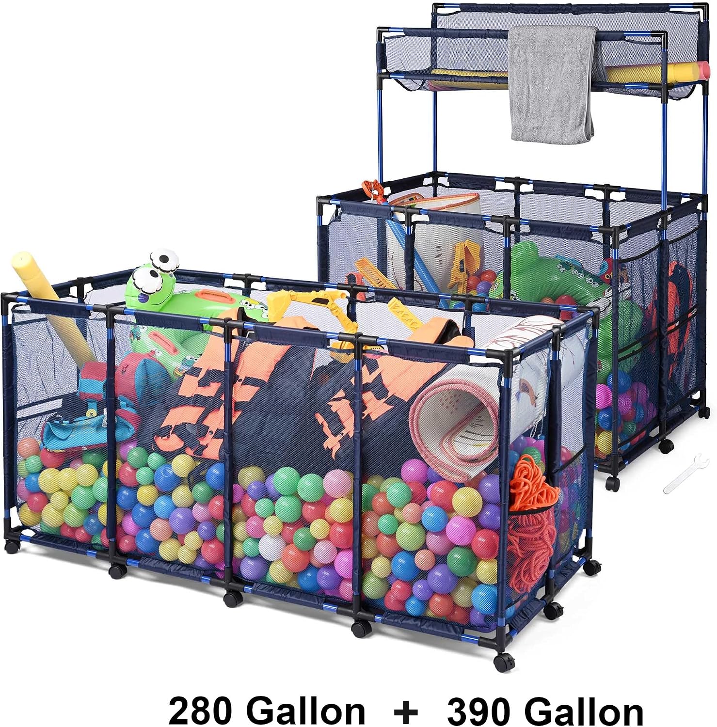 Yescom 2 Pack Pool Float Storage Bin Basket for Toy Raft Noodles Outdoor Metal Frame Mesh Net Rolling Organizer Cart Blue