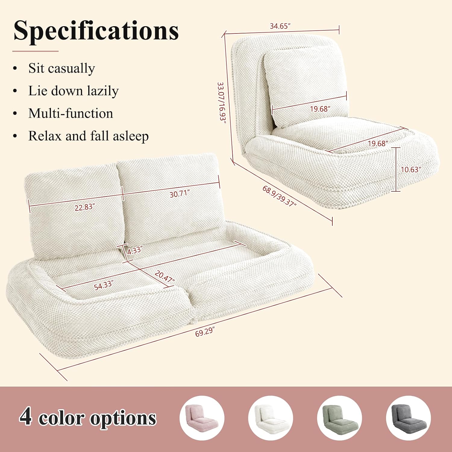 Human Dog Bed, Lazy Sofa Couch, Plush Floor Gaming Chair,5 Adjustable Position, sit, Sleep, fold, Suit to Put in Bedroom, Living Room,Space Saving Design (White)