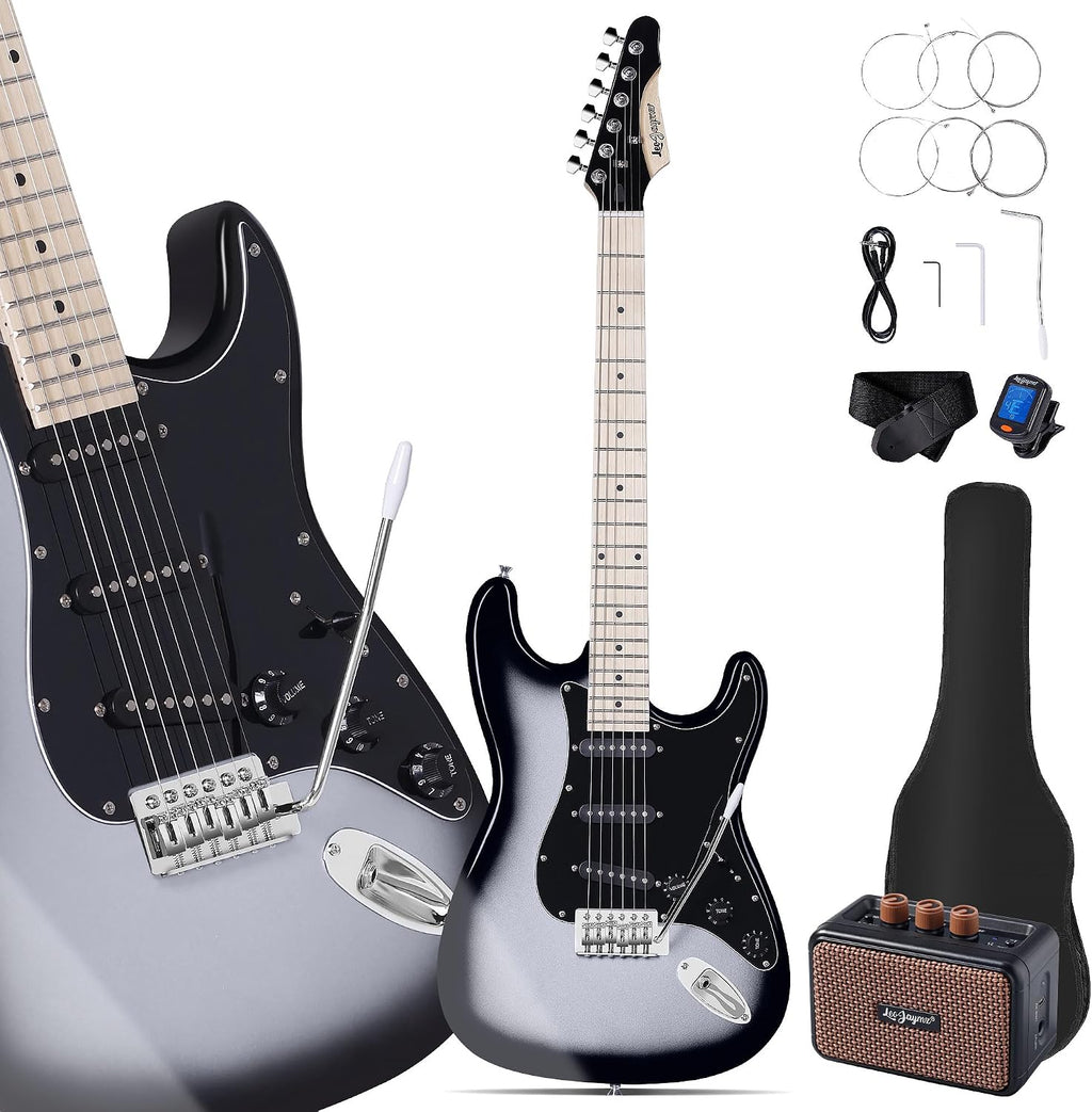 Leo Jaymz 39' Full Size ST Style Electric Guitar Starter Kit with SSS Pickups, 5W Portable Amp, Tuner, Gig Bag, Strap & Accessories(Silver Black 5W)