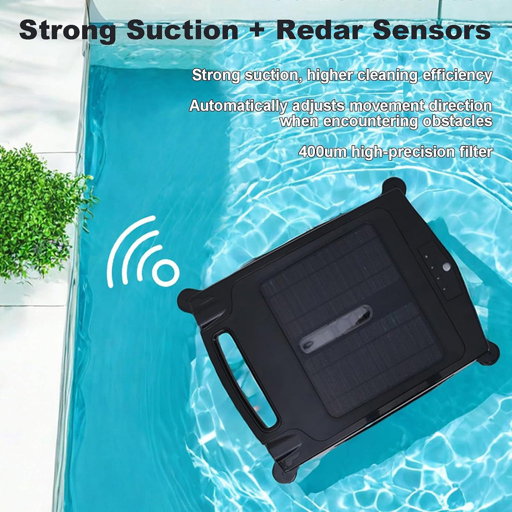 Automatic Solar Robotic Pool Cleaner - Auto Avoidance & Escape Function + 2 Cleaning Modes + Brushless Motors, Cordless Pool Skimmer for Cleaning Pools up to 80m²
