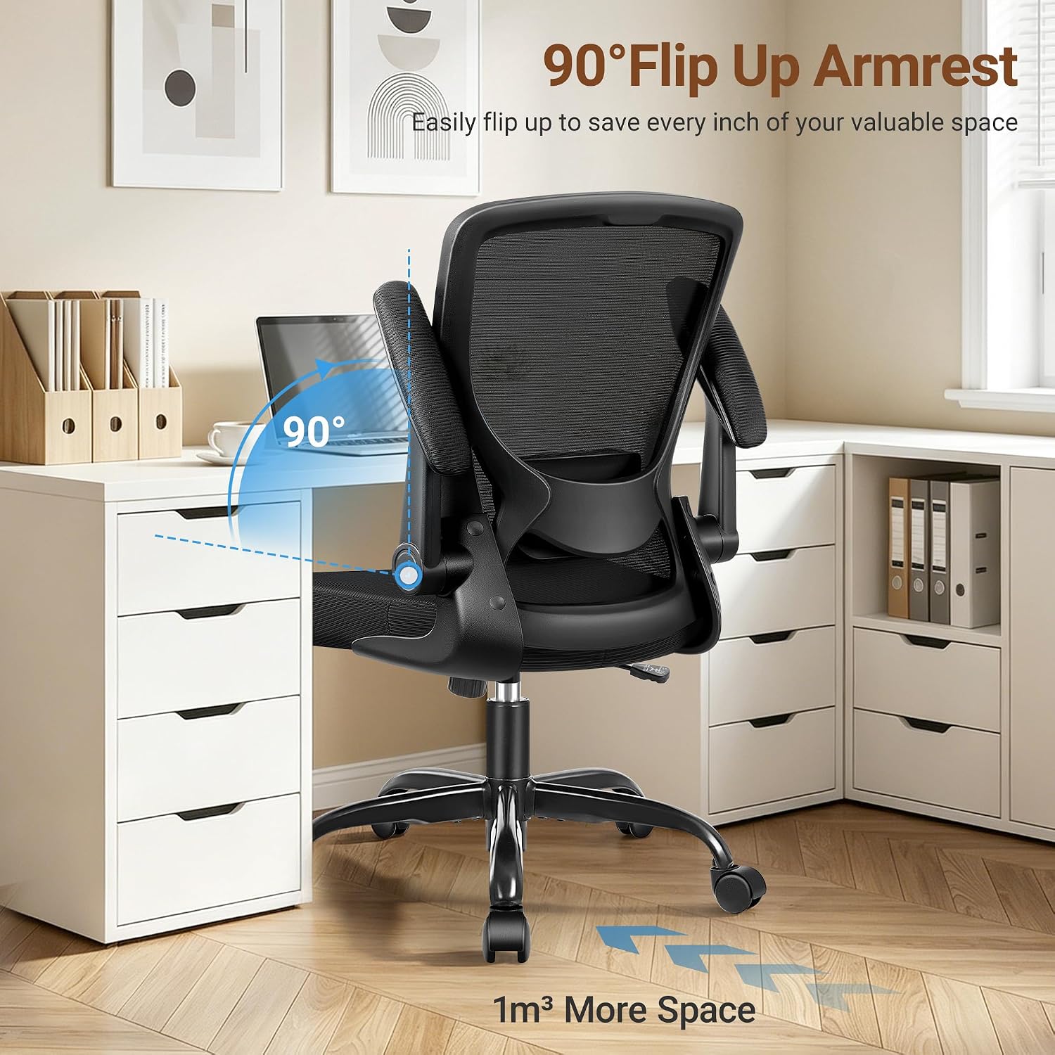 BESTFAIR Ergonomic Office Chair, Mesh Computer Desk Chairs with Lumbar Support, Swivel Desk Chair with Flip-up Arms and Adjustable Height, Black, 2-Pack