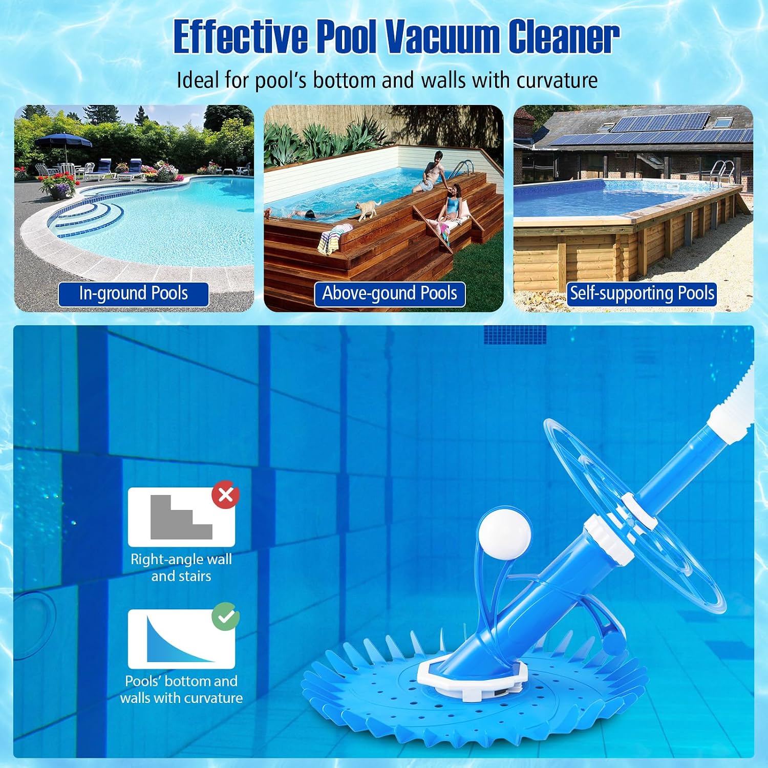 ERGOMASTER Pool Vacuum for Above Ground Pool, Automatic Cleaner Creepy Crawler, Powerful Suction Sweeper w/ 10 Hoses Removes Debris, Cleans Floors, Walls